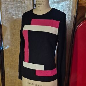 Jones New York Black and Pink Color Block Long Sleeve Top